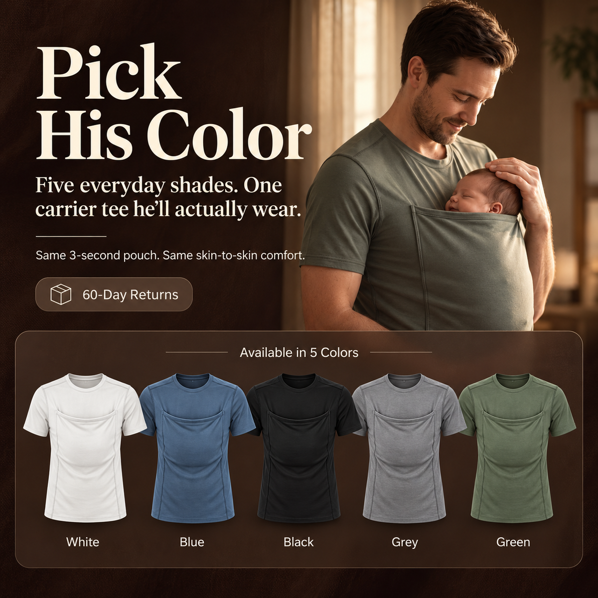 T-shirt porte-bébé papa Hugaya disponible en 5 coloris : blanc, bleu, noir, gris, vert